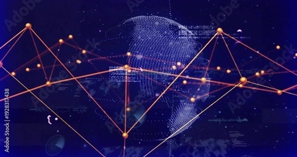 Obraz Displaying dotted globe and network mesh rotating in virtual data space, with orange nodes