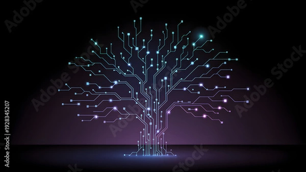 Obraz Artificial intelligence: Glowing digital tree with circuit board pattern on dark background