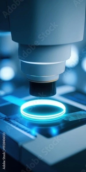 Fototapeta Examining microchip with glowing light from microscope lens