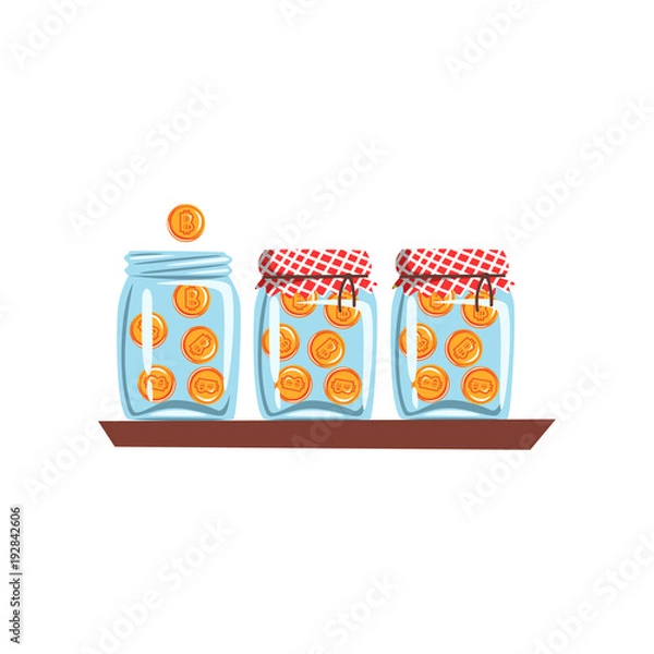 Fototapeta Bitcoins in glass jars, cryptocurrency technology, virtual money concept vector Illustration on a white background