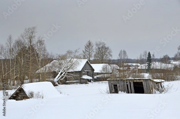 Obraz Архангельская область, Каргопольский район, деревня Погост пасмурным зимним днем