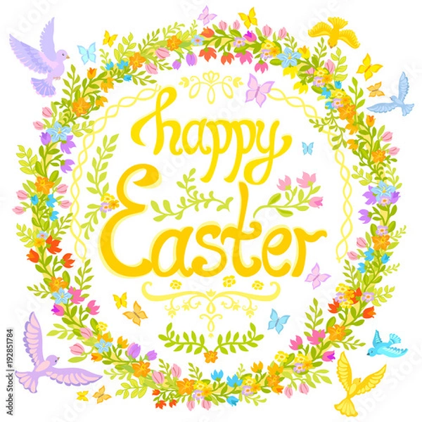 Obraz Happy Easter - circle with flowers and birds