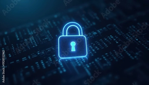 Obraz Digital padlock glowing on computer code background. Cyber security and data protection concept.