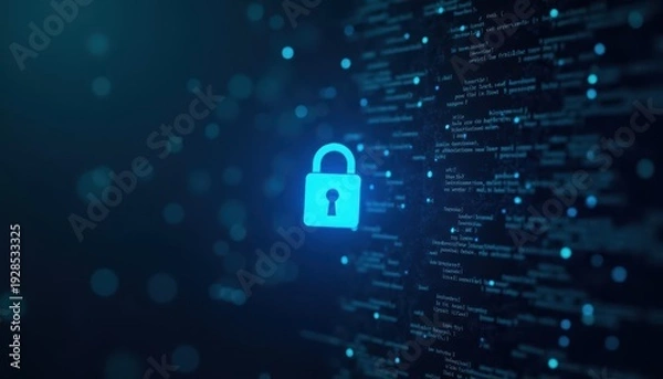 Obraz Digital padlock glowing on computer code background. Cyber security and data protection concept.