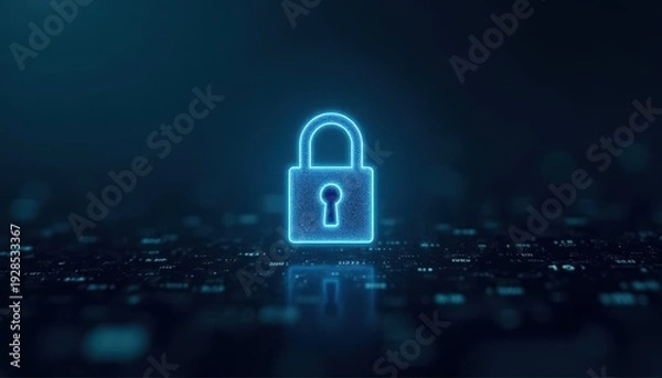 Obraz Digital padlock glowing on computer code background. Cyber security and data protection concept.