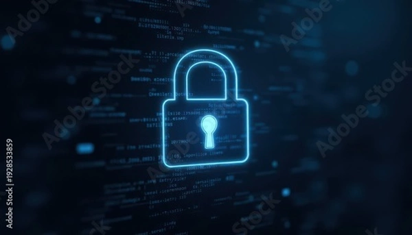 Obraz Digital padlock glowing on computer code background. Cyber security and data protection concept.