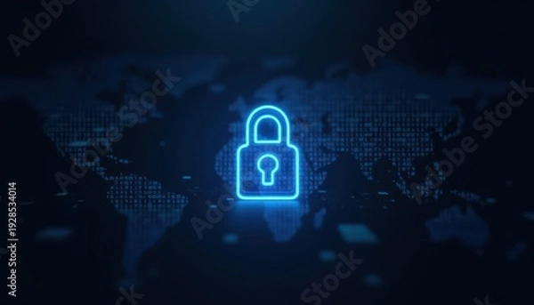 Obraz Digital padlock glowing on computer code background. Cyber security and data protection concept.
