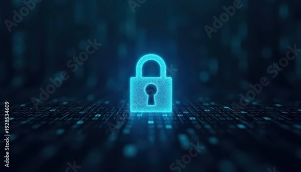 Obraz Digital padlock glowing on computer code background. Cyber security and data protection concept.