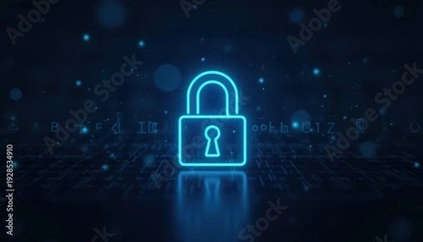 Obraz Digital padlock glowing on computer code background. Cyber security and data protection concept.
