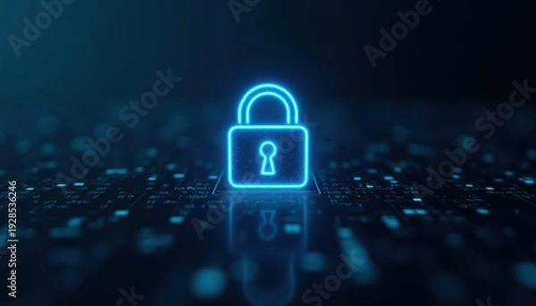 Obraz Digital padlock glowing on computer code background. Cyber security and data protection concept.