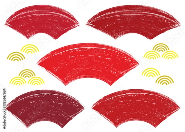 Obraz 手描き筆タッチの和風扇型フレームセット/赤