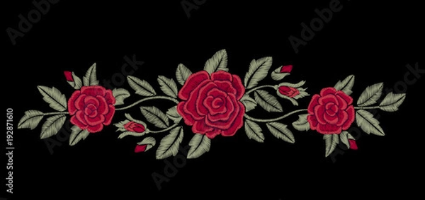 Obraz Embroidered flowers. Chic red roses on a black background. Fashion design.
