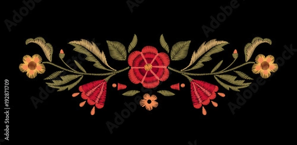 Obraz Embroidered flowers on a black background. Vector floral print. Vintage design.