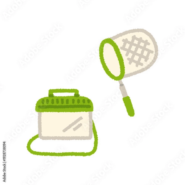 Obraz 虫かご 虫あみ イラスト 虫取り セット 手描き シンプル