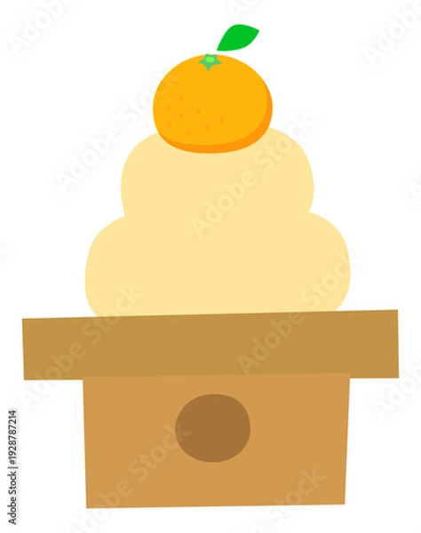 Fototapeta 鏡餅の可愛いイラスト。葉っぱ付きみかんが乗ったお正月飾り。主線なし・シンプル・ベクター素材。