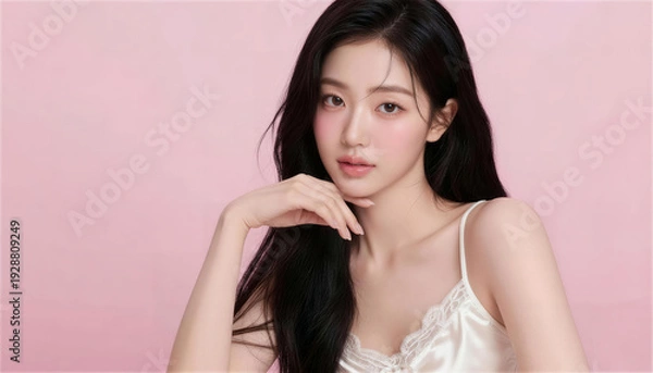 Obraz 白いキャミソール姿でカメラを見つめる美しい黒髪の女性