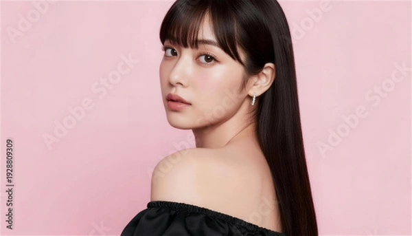 Obraz ピンク背景の前で肩を出して振り返る美しい黒髪の女性