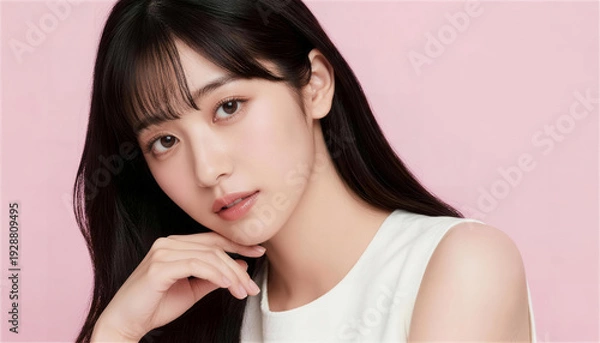 Obraz 手を顎に添えて微笑む白いノースリーブの黒髪の若い女性