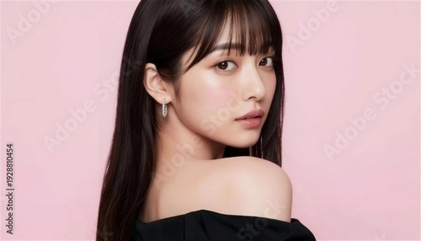Obraz ピンク背景で黒いオフショルダーを着て振り返る美しい女性