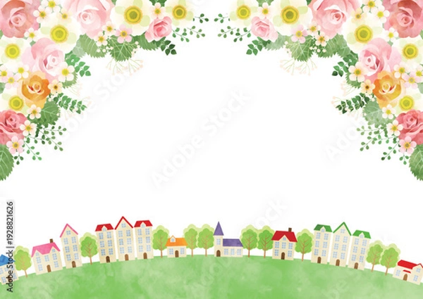 Obraz ブーケと街並みイラスト、春、かわいい、横、水彩