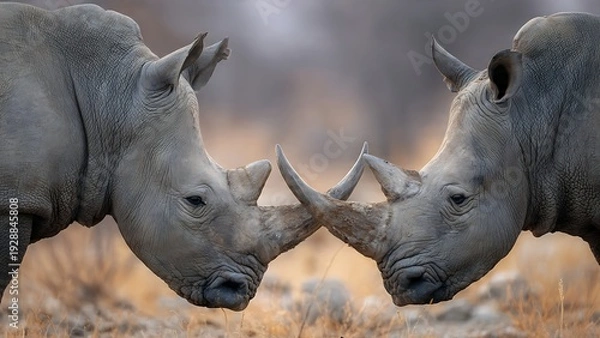 Obraz Two Rhinos Interacting in Close-Up View with Soft Focus Background