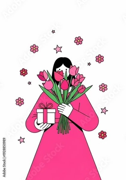 Obraz 花束と贈り物を優雅に抱える