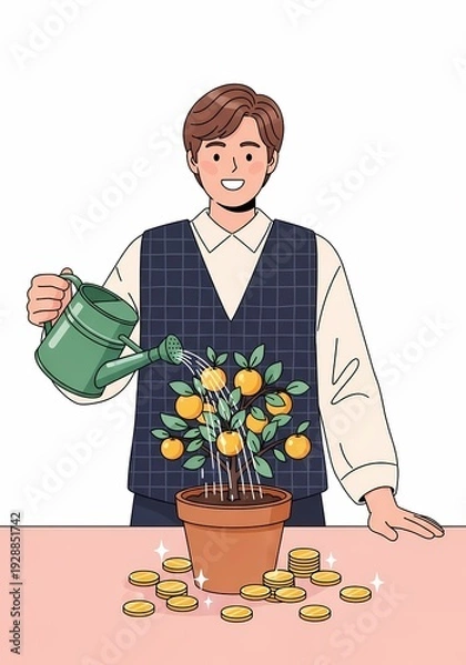 Obraz 青年が植物に水を優しく注ぐ