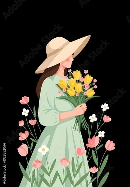 Obraz 美しい女性と花の束