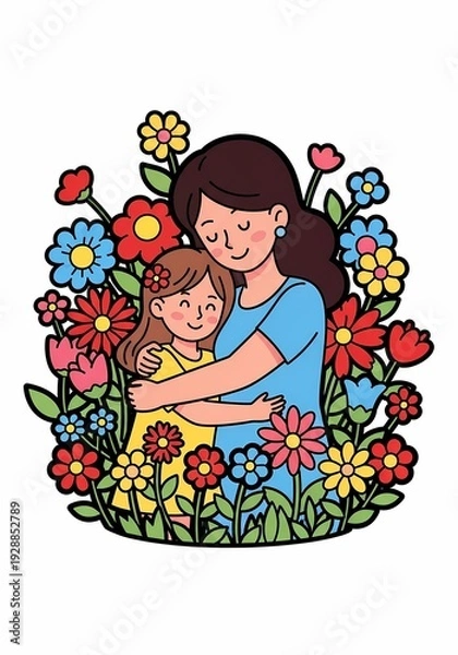 Obraz 母娘が花に囲まれ微笑む