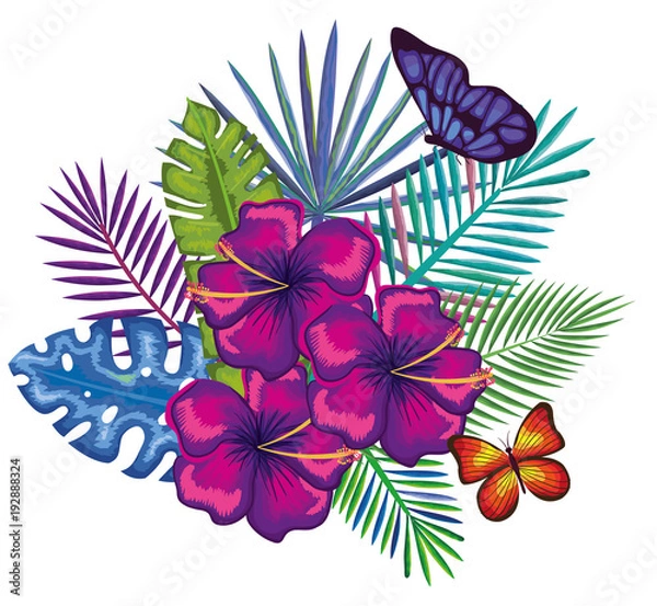 Fototapeta tropical and exotics flowers with butterflies vector illustration design