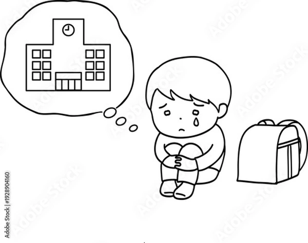 Obraz 登校が不安な男の子の線画イラスト