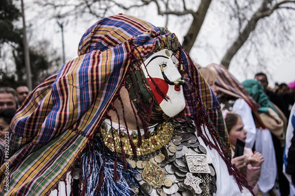 Obraz NAOUSSA, GREECE - FEBRUARY 18, 2018: The ancient custom of Genitsari and Boules. A dance-event taking place every year at the town of Naoussa, in Northern Greece, during the period of the carnival.