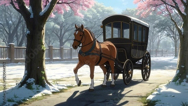 Obraz ゲーム背景　雪の日の道路を歩く貴族用の高級馬車がある風景