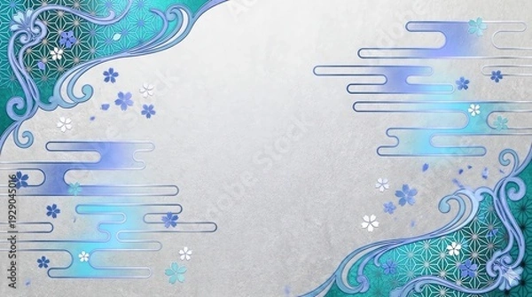 Obraz 青と銀系の和風アールヌーヴォー背景フレームイメージ