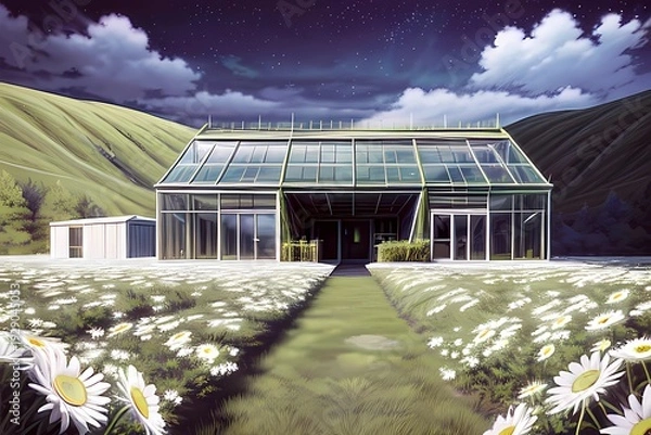 Obraz ゲーム背景　花園の奥に研究室風温室がある風景