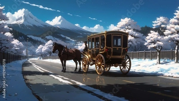 Obraz ゲーム背景　雪の日の道路を歩く貴族用の高級馬車がある風景