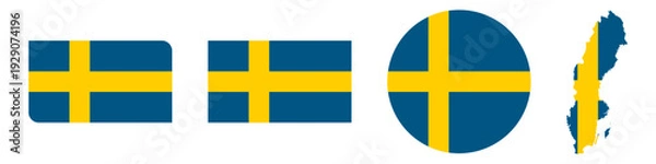 Obraz sweden circular flag, sweden rectangular flag, sweden map flag flat icon