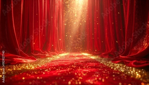 Obraz ステージ上の赤い緞帳と舞い散る金色の光 高級感あるカーテンの表彰式背景イラスト