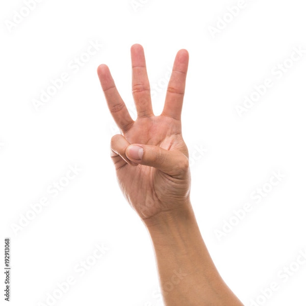 Fototapeta Men hand showing the number three over white background, include clipping path