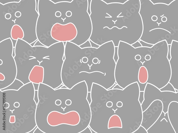 Obraz たくさんの猫が集まって様々なリアクションをしている観戦中イラスト　背景・ポスター・壁紙　グレー