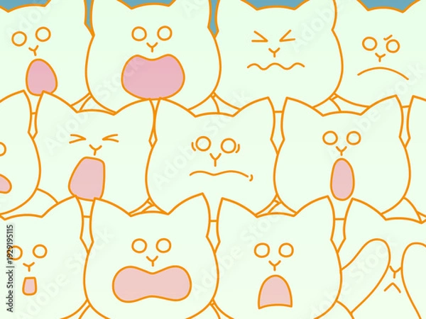 Obraz たくさんの猫が集まって様々なリアクションをしている観戦中イラスト　背景・ポスター・壁紙　黄緑