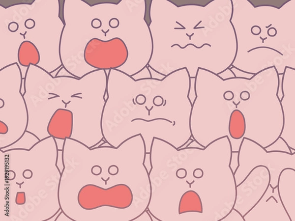 Obraz たくさんの猫が集まって様々なリアクションをしている観戦中イラスト　背景・ポスター・壁紙　ピンク