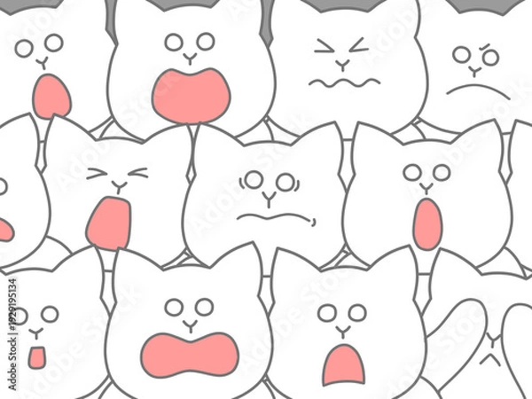 Obraz たくさんの猫が集まって様々なリアクションをしている観戦中イラスト　背景・ポスター・壁紙　白