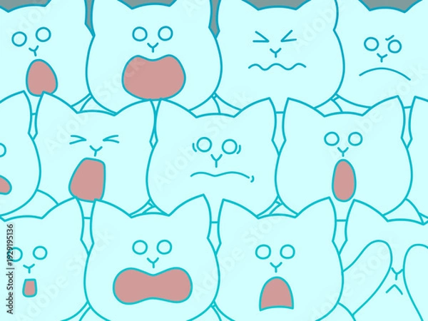 Obraz たくさんの猫が集まって様々なリアクションをしている観戦中イラスト　背景・ポスター・壁紙　青