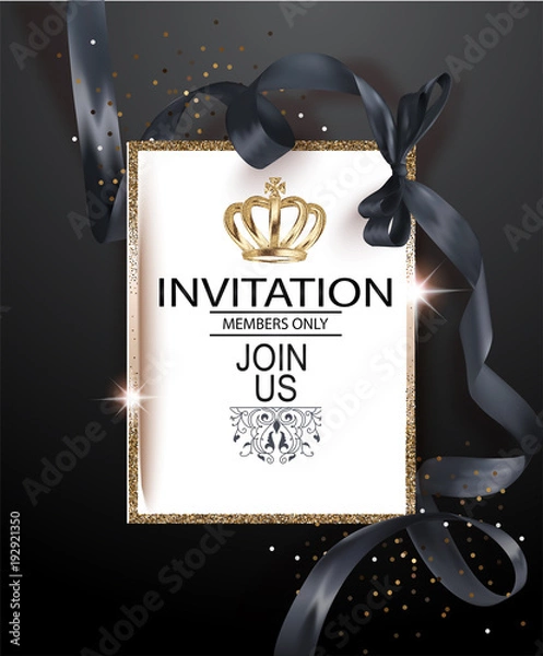 Fototapeta VIP invitation card with black ribbon and gold vintage frame. Vector illustration