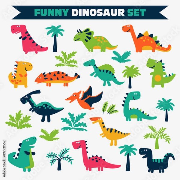 Obraz Lovely vector set with funny dinosaurs on white background