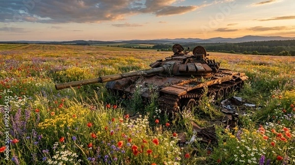 Obraz 戦車の残骸と花畑