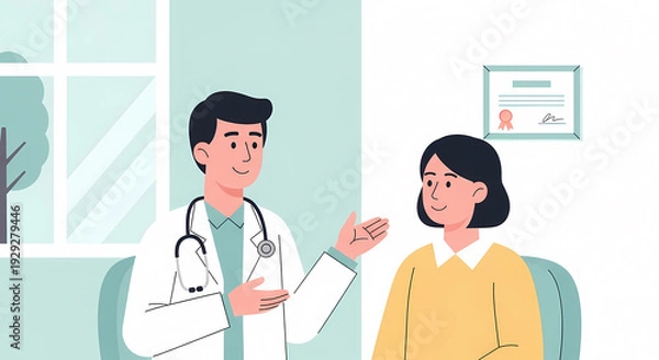 Obraz 病院の診察室で対話する医師と患者のイラスト（医療・受診・健康診断・カウンセリング）