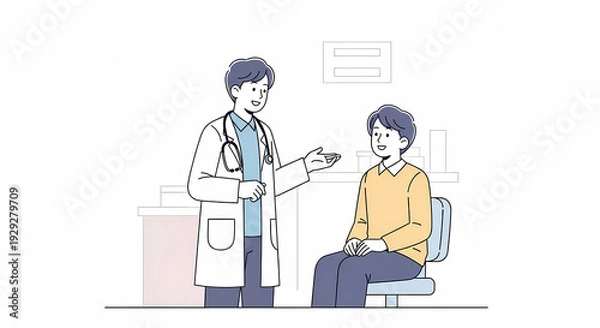 Obraz 病院の診察室で対話する医師と患者のイラスト（医療・受診・健康診断・カウンセリング）