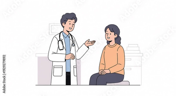 Obraz 病院の診察室で対話する医師と患者のイラスト（医療・受診・健康診断・カウンセリング）